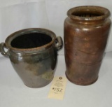 ONE HANDLED POTTERY JAR AND ONE POTTERY CANNING JAR UNMARKED