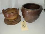 TWO HANDLED POTTERY BOWLS ONE WITH BASE UNMARKED