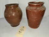 TWO CLAY POTTERY JARS (SOME DAMAGE)