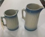 BLUE RIMMED POTTERY PITCHERS, CATTAIL/DRAGONFLY PATTERN