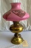 ELECTRIFIED BRASS BOTTOM LAMP WITH PINK ART DECO SHADE