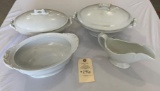 IRONSTONE BOWL / GRAVY BOAT AND TWO IRONSTONE COVERED BOWLS