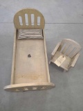WOODEN DOLL BED AND MATCHING CHAIR