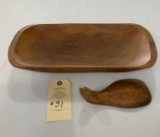 SMALL WOODEN OBLONG BOWL WITH WOODEN SPOON