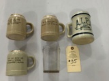 FOUR MISC CROCKERY MUGS, ONE GLASS JAR WITH BOTTOM ADVERTISING