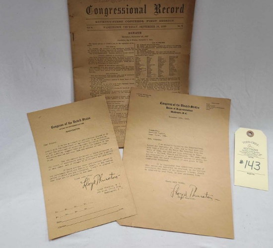 CONGRESSIONAL RECORD VOLUME 71 OF THE 71ST CONGRESS FIRST SESSION 9/26/1929 AND 2 CORRESPONDENCE