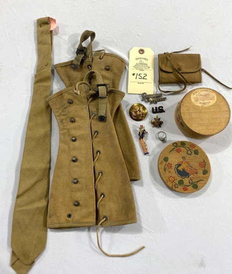 LEGGINGS, TIE, WOODEN BOX, MISC. MILITARY PENS AND MISC.