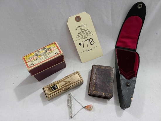 GRETSCH GUITAR STRING IN BOX, TIE CLIP INITIALS EK, SM WOODEN BOOK BOX AND MISC.