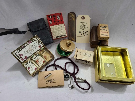 SMALL POCKET RADIO, METAL SEWING KIT, DOMINO GRANULATED CANE SUGAR BOX AND YARDLEYS APRIL VIOLETS
