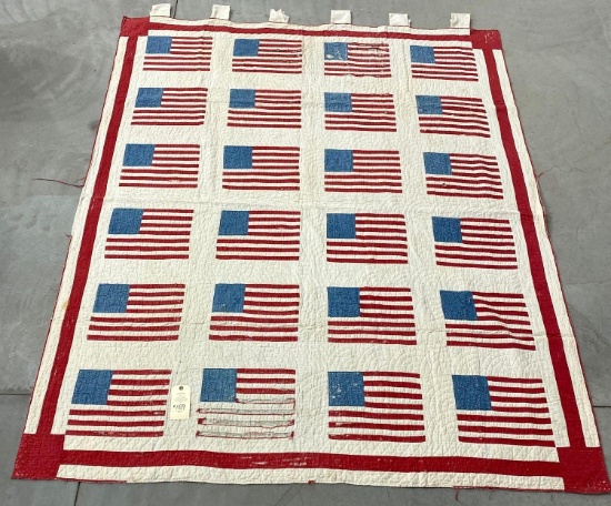 VERY EARLY U S STATES FLAG QUILT WITH SEWN IN HANGERS AT THE TOP