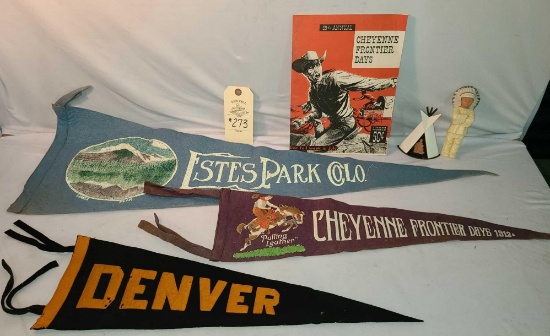 TWO INDIAN TOYS, 3 FELT BANNERS AND CHYENNE FRONTIER DAYS 59TH ANNUAL SOUVENIR PROGRAM