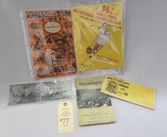MAP, PALIMPSEST, 1933 SIDNEY IA RODEO, 1975 IA GIRLS BB TOURNAMENT MISC LOT