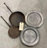 2 HAND FORGED SKILLETS AND 2 - LEAD TYPE PLATES
