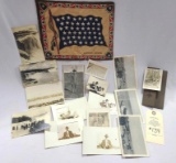 ANTIQUE PICTURES, POSTCARDS AND A CLOTH /UNION JACK