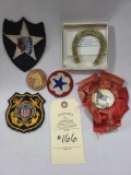 MISC. MILITARY PATCHES AND A GOLD HORSE MEDAL AND BUTTON/RIBBON, REPUBLICAN GIFT HORSE SHOE