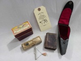 GRETSCH GUITAR STRING IN BOX, TIE CLIP INITIALS EK, SM WOODEN BOOK BOX AND MISC.