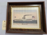 WOOD FRAMED PAINTING OF THE SHIP BUNKERHILL