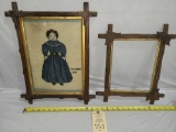 2 TRAMP ART FRAMES ONE EMPTY AND ONE WITH 1880'S HAND KNITTED PICTURE