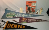 TWO INDIAN TOYS, 3 FELT BANNERS AND CHYENNE FRONTIER DAYS 59TH ANNUAL SOUVENIR PROGRAM