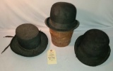 THREE FELT MENS HATS AND ONE WOOD HAT STRETCHER/SIZER