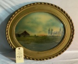 GOLD OVAL FRAMED BARN SCENE PAINTING