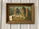 ANTIQUE PAINTED PICTURE OF HORSE AND GEESE
