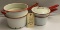 2 RED/WHITE ENAMELWARE DOUBLE BOILERS 1 MISSING LID