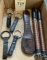 4 LEATHER STRAPS WITH RINGS, PADDLE, PAIR OF NUNCHUCKS