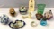 GLASS CARPET BALL, MISC FIGURINES AND GLASS WARE