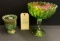 STEMMED GREEN CARNIVAL GLASS SERVING BOWL TULIP & SMALL DISH