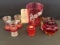 LARGE CRANBERRY VASE, CRANBERRY & AMBER PITCHER, 3 SMALL CRANBERRY VASES, TOOTHPICK HOLDER