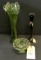 GREEN DEPRESSION COMPOTE, GREEN VASE, DECORATED VASE