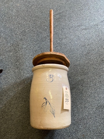 3 GAL STONEWARE BUTTER CHURN CROCK WITH LID AND PADDLE