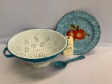 TEAL & WHITE ENAMELWARE - STRAINER, SPOON, PLATE