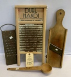 DUBL HANDI WASHBOARD, KRAUT CUTTER, WOODEN LADLE AND METAL GRATER