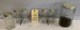 ANTIQUE GLASS SPICE JARS AND METAL RACK