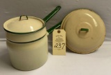 GREEN/CREAM DOUBLE BOILER ENAMELWARE WITH EXTRA LID