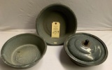 3 GREY GRANITE BOWLS & 1 LID