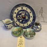 2 CURRIER & IVES SPRING & WINTER PLATES, CHURCHILL ENGLAND POTTERY PITCHER, OIL LAMP & CLOCK