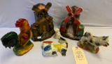 CHALK WINDMILLS, PIGGY BANK DOG, ROOSTER, MULE AND CART, BUNNY