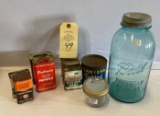 BLUE BALL JAR WITH LID, SM CLEAR BALL JAR WITH LID, PLANTERS AND SPICE TINS