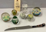 MARBLE EGG, GLASS PAPERWEIGHTS, CAKE KNIFE