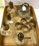 GLASS LAMPS, SILVER PLATE NAPKIN RINGS, GLASS VASE, 2 FORKS AND ONE SPOON