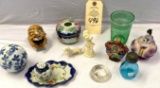 GLASS CARPET BALL, MISC FIGURINES AND GLASS WARE