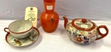 ORIENTAL TEA POT, PLATE, SAUCER, MISC VASE