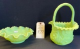 FENTON GREEN BOWL & BASKET W/ HANDLE