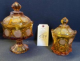 FOSTORIA AMBER GOLD COIN GLASS PEDESTAL CANDY DISH AND CANDY DISH