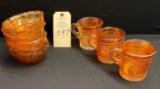 CARNIVAL GLASS MARIGOLD SERVING BOWLS & 3 CUPS