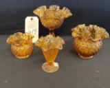 4 AMBER CARNIVAL GLASS HOBNAIL FLUTED EDGE DISHES