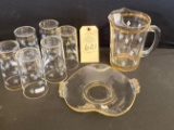 PITCHER, 6 GLASSES, SERVING PLATE WITH GOLD BAND